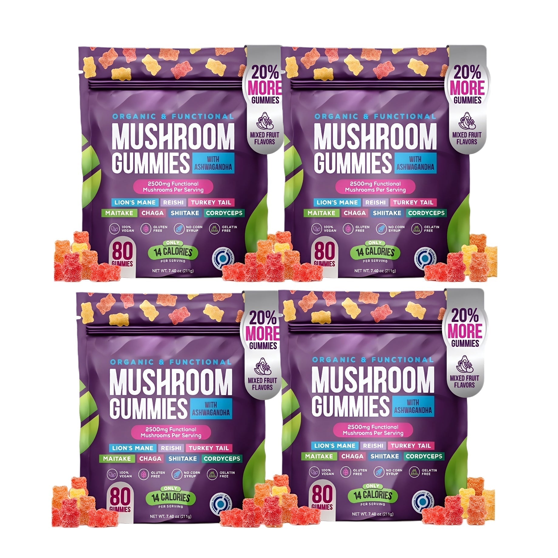 Organic Mushroom Gummies -Lions Mane Mushroom Supplement Gummies- Immune Defense, Boosts Cognitive Performance - 80 Gummies