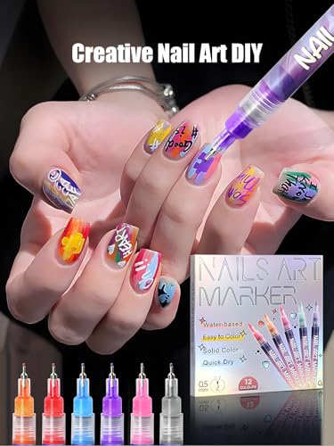 3D Nail Art Pens Set | 12 Vibrant Colors Fine Tip 0.5mm | Quick-Dry Liner & Dotting Tools for  Home